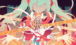 Rule 34 | 2girls, aqua hair, bandages, bare shoulders, blonde hair, boots, caution tape, commentary request, crowbar, hair over eyes, hatsune miku, highres, holding, holding crowbar, keep out, knee boots, long hair, long skirt, long sleeves, looking at viewer, looking back, multiple girls, open hands, ovos, skirt, smile, streaming heart (vocaloid), twintails, vocaloid