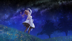 Rule 34 | 1girl, absurdres, arm up, backless dress, backless outfit, bare back, brown eyes, brown hair, cevio, dress, elbow gloves, field, flower, flower field, gloves, hair bun, highres, looking up, night, night sky, pantyhose, parted lips, ponytail, putty (kusanntonn), satou sasara, sky, solo, star (sky), starry sky, tree