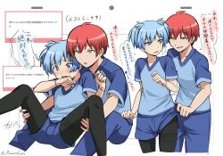 2boys akabane_karma ansatsu_kyoushitsu blue_eyes blue_hair blue_shorts blush gym_uniform highres multiple_boys pizarrokun red_hair school_uniform shiota_nagisa short_hair short_shorts shorts spread_legs trap twintails white_background yellow_eyes