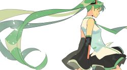 Rule 34 | 1girl, ^ ^, arms behind back, bare shoulders, black skirt, breasts, closed eyes, commentary, cowboy shot, detached sleeves, dress, english commentary, facing away, floating hair, green hair, green necktie, hatsune miku, highres, kendy (revolocities), light particles, light smile, long hair, necktie, pleated skirt, profile, shirt, simple background, skirt, sleeveless, sleeveless shirt, small breasts, smile, solo, standing, thighs, twintails, very long hair, vocaloid, white background, white dress