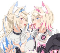 Rule 34 | 2girls, animal collar, animal ear fluff, animal ears, asymmetrical docking, bandaid, bandaid hair ornament, black collar, black jacket, blonde hair, blue eyes, blue hair, blue hairband, blue nails, blush stickers, breast press, breasts, center frills, chunky (chunkeeh), claws, collar, commentary, crossed bangs, dog ears, dress, fake horns, fang, flat chest, frilled shirt collar, frills, fur-trimmed jacket, fur trim, fuwawa abyssgard, fuwawa abyssgard (1st costume), hair between eyes, hair intakes, hair ornament, hairband, hairclip, headphones, headphones around neck, highres, holding hands, hololive, hololive english, horns, interlocked fingers, jacket, large breasts, long hair, long sleeves, looking at viewer, mococo abyssgard, mococo abyssgard (1st costume), multicolored hair, multiple girls, nail polish, open mouth, perroccino (fuwamoco), pink eyes, pink hair, pink hairband, pink nails, shirt, short hair, siblings, simple background, sisters, skin fang, spiked collar, spikes, streaked hair, twins, two side up, upper body, virtual youtuber, white background, white dress, white shirt, x hair ornament