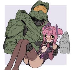 Rule 34 | 1boy, 1girl, ahoge, animification, armor, black sclera, blush, breasts, bsapricot, carrying, closed mouth, colored sclera, commentary, elbow gloves, english commentary, fingerless gloves, gloves, hair ornament, halo (game), halo (series), helmet, highres, manly, master chief, navel, personification, pink hair, pointy ears, power armor, princess carry, thighhighs