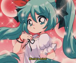 Rule 34 | 1990s (style), 1girl, black bow, black ribbon, blouse, bow, bracelet, english text, fake screenshot, fake subtitles, green eyes, green hair, green nails, hair bow, hair ornament, hatsune miku, hn (artist), jewelry, long hair, looking at viewer, nail polish, open mouth, project diva, project diva (series), puffy sleeves, red bow, retro artstyle, ribbon, shirt, sidelocks, solo, subtitled, twintails, upper body, vocaloid, white shirt, world is mine (vocaloid)