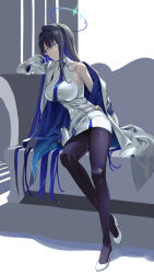Rule 34 | 1girl, arm rest, armband, bare shoulders, belt, black hair, black pantyhose, blue archive, blue eyes, blue hair, blue necktie, breasts, coat, collared dress, colored inner hair, couch, dress, full body, glasses, gloves, halo, highres, holstered, large breasts, leaning, long hair, multicolored hair, necktie, ningen (ningen96), off shoulder, on couch, pantyhose, pointy ears, rin (blue archive), round eyewear, sitting, sleeveless, sleeveless dress, white belt, white coat, white dress, white gloves