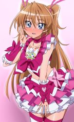 Rule 34 | 1girl, absurdres, blue eyes, brown hair, choker, commentary request, cosplay, cure melody, cure melody (cosplay), eyelashes, frilled shirt, frilled skirt, frills, gradient background, hair ornament, hair ribbon, happy, highres, houjou hibiki, long hair, looking at viewer, midriff, oimanji, pink background, pink choker, pink theme, precure, ribbon, shirt, sketch, skirt, smile, solo, standing, suite precure, thighhighs, thighs, wrist cuffs