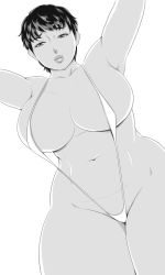 Rule 34 | 1girl, breasts, curvy, huge breasts, looking at viewer, matoyama, monochrome, plump, short hair, slingshot swimsuit, slingshot swimsuit, solo, swimsuit, thick thighs, thighs