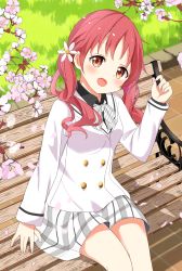 Rule 34 | 1girl, :d, absurdres, bench, black shirt, bow, breasts, brown eyes, brown hair, collared shirt, commentary request, day, flower, gochuumon wa usagi desu ka?, hair flower, hair ornament, highres, jacket, kousaka nobaku, long hair, long sleeves, looking at viewer, natsu megumi, on bench, open mouth, outdoors, park bench, petals, pink flower, plaid, plaid bow, plaid skirt, school uniform, shirt, sitting, skirt, small breasts, smile, solo, tedeza rize&#039;s school uniform, twintails, white flower, white jacket, white skirt