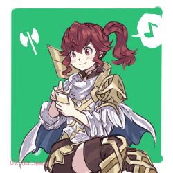 Rule 34 | 1girl, 250en remon, anna (fire emblem), armor, blush, boots, border, brown footwear, brown shorts, cape, cellphone, closed mouth, commentary request, fire emblem, fire emblem heroes, green background, hair between eyes, holding, holding phone, long hair, musical note, nintendo, outside border, phone, red eyes, red hair, shorts, shoulder armor, side ponytail, sidelocks, simple background, sitting, smile, solo, twitter username, white border, white cape