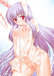 Rule 34 | 1girl, animal ears, bad id, bad pixiv id, blush, breasts, cameltoe, covered erect nipples, female focus, highres, long hair, necktie, nipples, no pants, panties, purple hair, rabbit ears, red eyes, reisen udongein inaba, see-through, shirt, solo, suzume inui, touhou, uncensored, underwear, wet, wet clothes, wet panties, white shirt