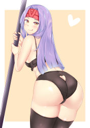 Rule 34 | 1girl, absurdres, ass, ass cutout, bare shoulders, black panties, black thighhighs, blush, border, breasts, clothing cutout, fire emblem, fire emblem: radiant dawn, headband, highres, holding, licking lips, lingerie, long hair, looking at viewer, looking back, nabunabu, naughty face, nintendo, panties, purple hair, sanaki kirsch altina, sideboob, simple background, small breasts, smile, solo, thighhighs, tongue, tongue out, underwear, white border, yellow eyes