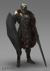 Rule 34 | armor, cape, concept art, dimitri neron, full armor, full body, fur, grey background, highres, holding, holding shield, holding weapon, knight, original, plate armor, robot, science fiction, shield, simple background, solo, standing, sword, tagme, watermark, weapon