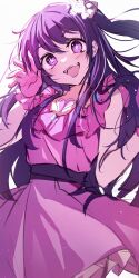 Rule 34 | 1girl, absurdres, dress, gloves, hair ornament, hair ribbon, heart, highres, hoshino ai (oshi no ko), idol, long hair, looking at viewer, luzzi (milllim), multicolored hair, open mouth, oshi no ko, pink dress, pink gloves, pink hair, pink ribbon, purple eyes, purple hair, rabbit hair ornament, ribbon, simple background, sketch, smile, solo, star-shaped pupils, star (symbol), star in eye, symbol-shaped pupils, symbol in eye, teeth, upper teeth only, waving, white background