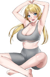 Rule 34 | 1girl, absurdres, armpits, arms up, bare legs, barefoot, bike shorts, blonde hair, blue eyes, blush, breasts, cleavage, collarbone, grey shorts, grey sports bra, hachimiya meguru, highres, idolmaster, idolmaster shiny colors, indian style, large breasts, shinonome shake, shorts, simple background, sitting, smile, soles, solo, sports bra, toes, twintails, white background