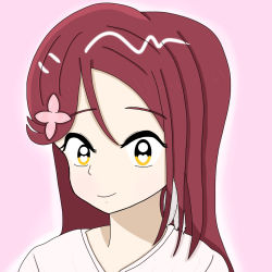 Rule 34 | 1girl, artist name, artist request, blush, breasts, brown eyes, close-up, collarbone, dress, earrings, feather earrings, feathers, female focus, hair between eyes, hair ornament, hairclip, heart, heart-shaped pupils, highres, jewelry, long hair, looking at viewer, love live!, love live! school idol festival, love live! sunshine!!, love spiral tower (love live!), parted lips, pink background, plaid, plaid dress, pleated, pleated dress, red hair, sakurauchi riko, short sleeves, smile, solo, symbol-shaped pupils, the story of feather (love live!), upper body, white dress, yellow eyes