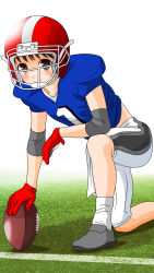 Rule 34 | 1girl, american football, american football (object), american football helmet, american football uniform, ball, bandaid, bandaid on face, bandaid on nose, blue shirt, blush, breasts, brown eyes, brown hair, character request, copyright request, dedenden (pixiv30568724), elbow pads, freckles, gloves, grass, grey footwear, hairband, helmet, highres, jersey, kneeling, looking at viewer, low twintails, on one knee, red gloves, shirt, shoes, short hair, short sleeves, shorts, shoulder pads, small breasts, smile, socks, sportswear, twintails, white background, white shorts, white socks