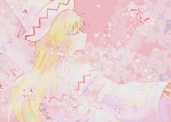 Rule 34 | 1girl, blonde hair, capelet, cherry blossoms, closed eyes, closed mouth, dress, from behind, hat, itomugi-kun, lily white, long hair, long sleeves, petals, profile, smile, solo, touhou, upper body, white capelet, white dress, white hat, wide sleeves