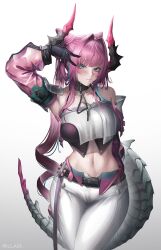 1girl :3 absurdres aqua_eyes arknights arknights:_endfield arm_up armpits artist_name bare_shoulders belt black_gloves blue_hair blush breasts closed_mouth collarbone cone_hair_bun cowboy_shot crop_top detached_sleeves dragon_girl dragon_horns dragon_tail gloves hair_bun hair_intakes highres horns impossible_clothes kafu_(kafu6416) large_breasts long_hair long_sleeves looking_at_viewer midriff multicolored_hair navel pants pink_hair simple_background smile solo streaked_hair tail twintails two-tone_hair v very_long_hair white_background white_pants yvonne_(arknights)