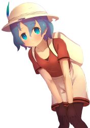 Rule 34 | 1girl, absurdres, backpack, bag, black hair, blue eyes, blue hair, blush, collarbone, commentary request, cowboy shot, deku suke, feathers, gloves, hands on own knees, helmet, highres, kaban (kemono friends), kemono friends, looking at viewer, multicolored hair, pantyhose, pith helmet, shirt, short hair, short sleeves, shorts, smile, solo, t-shirt