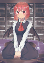 Rule 34 | 1girl, :|, absurdres, book, book stack, bookshelf, closed mouth, head wings, highres, indoors, keinena3015, koakuma, library, long sleeves, red eyes, red hair, shirt, sitting, solo, touhou, wariza, wings