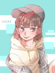 Rule 34 | 1girl, baseball cap, blush, brown hair, character name, collarbone, commentary request, grey hat, hat, highres, hood, hood down, hoodie, kashikaze, looking at viewer, medium hair, off shoulder, real life, saitou shuka, solo, tongue, tongue out, upper body, voice actor, white hoodie