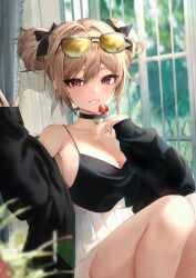 Rule 34 | 1girl, absurdres, alternate costume, bare shoulders, black choker, blue jacket, blush, breasts, brown hair, candy, choker, cleavage, collarbone, commentary request, day, double bun, eyewear on head, food, girls&#039; frontline, hair bun, highres, holding, holding candy, holding food, holding lollipop, indoors, jacket, large breasts, lollipop, long sleeves, looking at viewer, open clothes, open jacket, p90 (girls&#039; frontline), polla, purple eyes, sitting, skirt, smile, solo, sunglasses, white skirt, window