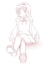 Rule 34 | 10s, 1girl, akemi homura, child, dress, drizzlea, eyebrows, hairband, long hair, looking at viewer, mahou shoujo madoka magica, monochrome, open mouth, shiny skin, shoes, simple background, sitting, solo, white background, white theme