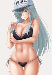 Rule 34 | &gt;:(, 1girl, bare arms, bare shoulders, black bra, black panties, bra, breasts, cleavage, closed mouth, clothes writing, collarbone, flat cap, frown, gluteal fold, grey background, grey eyes, hair over one eye, hand up, hat, hataraku saibou, hataraku saibou black, highres, kazenokaze, large breasts, lifted by self, looking at viewer, navel, panties, side-tie panties, silver hair, simple background, solo, strap lift, thigh gap, u-1196, underwear, underwear only, v-shaped eyebrows, white blood cell (hataraku saibou), white hat