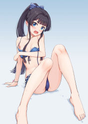 Rule 34 | arm support, bare legs, bare shoulders, barefoot, bikini, black hair, blue bikini, blue bow, blue eyes, blush, bow, breasts, checkered bikini, checkered clothes, clenched hand, collarbone, commentary request, covering breasts, covering privates, crotch, ear blush, embarrassed, eyelashes, fallen down, flower, frilled bikini, frills, gradient background, hair bow, highres, idolmaster, idolmaster million live!, idolmaster million live! theater days, jewelry, knees, legs, long hair, looking at viewer, mogami shizuka, navel, necklace, on floor, open mouth, ponytail, shell, shell necklace, small breasts, solo, spread legs, stomach, swimsuit, thighs, v-shaped eyebrows, wavy mouth, wet, wristband, xi wan de xigua p