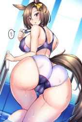 Rule 34 | 1girl, air groove (umamusume), animal ears, ass, ass focus, back, bare shoulders, breasts, brown hair, competition swimsuit, unworn eyewear, goggles, unworn goggles, hair ornament, hair over one eye, hair ribbon, hairclip, highres, horse ears, horse girl, horse tail, large breasts, looking at viewer, looking back, one-piece swimsuit, purple eyes, ribbon, shirokuma a, short sleeves, solo, swimsuit, tail, umamusume