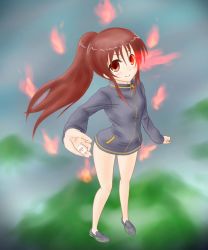 Rule 34 | 1girl, bare legs, female focus, full body, gradient background, jacket, long sleeves, naked jacket, saki (manga), solo, takakamo shizuno, track jacket