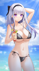 Rule 34 | 1girl, absurdres, arm up, armpits, azur lane, bare arms, bare shoulders, bikini, black bow, black hairband, blue sky, blunt bangs, blush, bow, breasts, closed mouth, cloud, commentary request, cowboy shot, day, dido (azur lane), eyelashes, groin, hair bow, hairband, halterneck, highres, holding, large breasts, long hair, looking at viewer, micro bikini, midriff, multi-strapped bikini, navel, nersiyan, ocean, outdoors, purple eyes, ribbon, rock, side-tie bikini bottom, silver hair, skindentation, sky, solo, standing, stomach, strap gap, swimsuit, underboob, water