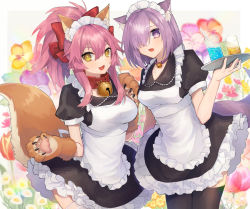 Rule 34 | 2girls, alternate costume, animal ears, apron, bad id, bad pixiv id, bell, breasts, commentary request, coyucom, enmaided, fate/grand order, fate (series), fox ears, fox tail, gloves, hair over one eye, long hair, looking at viewer, maid, maid apron, maid headdress, mash kyrielight, medium breasts, multiple girls, open mouth, pink hair, puffy sleeves, purple eyes, purple gloves, purple hair, smile, tail, tamamo (fate), tamamo cat (fate), tamamo cat (second ascension) (fate), tamamo no mae (fate/extra), thighhighs, tray, waist apron, wrist cuffs, yellow eyes