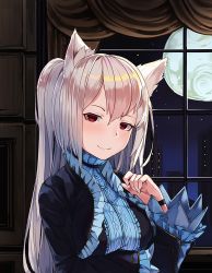 Rule 34 | 1girl, animal ear fluff, animal ears, breast hold, breasts, cat ears, choker, city, curtains, dress, full moon, hair between eyes, indoors, large breasts, long hair, looking at viewer, moon, natori youkai, night, nora cat, nora cat channel, red eyes, smile, solo, two side up, very long hair, virtual youtuber, white hair, window, wristband
