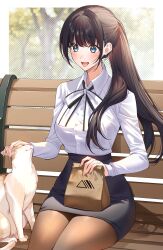 Rule 34 | 1girl, absurdres, bag, bench, bow, bowtie, brown hair, cat, collared shirt, commission, food, grey eyes, highres, office lady, original, paper bag, pencil skirt, pixiv commission, ponytail, shirt, sino42, skirt