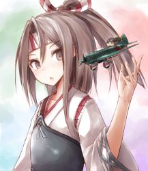 Rule 34 | 10s, 1girl, bad id, bad pixiv id, brown eyes, brown hair, buran (kure), chestnut mouth, fairy (kancolle), flat chest, hachimaki, headband, highres, japanese clothes, kantai collection, muneate, open mouth, pilot, short hair, type 99 dive bomber, zuihou (kancolle)