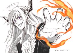 Rule 34 | 1boy, 2021, asacoco, bishounen, brooch, clenched hand, collarbone, commentary request, dated, dragon boy, fangs, fire, highres, hololive, horns, indoors, jewelry, kiryu coco, kivo, lips, long hair, music, oxygen mask, pectoral cleavage, pectorals, pointy ears, purple eyes, ryuu ga gotoku (series), ryuu ga gotoku 0, singing, sketch, solo, traditional media, twitter username, virtual youtuber, white hair