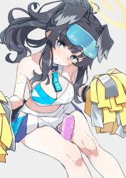 Rule 34 | 1girl, animal ears, between legs, black hair, blue archive, blue eyes, blush, breasts, character name, cheerleader, cleavage, closed mouth, clothes writing, dildo, dog ears, dog girl, dog tail, eyewear on head, grey background, halo, hibiki (blue archive), hibiki (cheer squad) (blue archive), highres, looking at viewer, medium breasts, medium hair, millennium cheerleader outfit (blue archive), pom pom (cheerleading), sex toy, simple background, sitting, solo, sunglasses, tail, take mawile