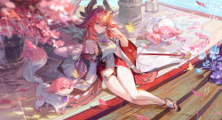 Rule 34 | 1girl, absurdres, akihara nozomi, animal ears, animalization, arm support, bare legs, blurry, blurry foreground, breasts, bug, butterfly, cherry blossoms, day, detached sleeves, earrings, floppy ears, flower, fox, full body, genshin impact, hair ornament, hand up, highres, insect, jewelry, long hair, long sleeves, looking at viewer, nontraditional miko, outdoors, pink hair, rain, shirt, sideboob, sitting, sleeveless, sleeveless shirt, slippers, solo, stairs, toes, wet, white shirt, wide sleeves, yae miko, yae miko (fox)