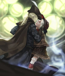 Rule 34 | 2girls, baka (mh6516620), blonde hair, bloodborne, bonnet, cape, cloak, coat, doll joints, closed eyes, from software, gloves, hand in another&#039;s hair, hand on own face, hat, hat feather, joints, lady maria of the astral clocktower, long hair, multiple girls, plain doll, poncho, ponytail, silver hair, spoilers, the old hunters, tricorne, yuri