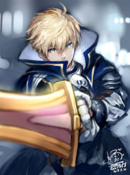 Rule 34 | 1boy, 2017, ahoge, armor, arthur pendragon (fate), artist name, bad id, bad pixiv id, blonde hair, blue eyes, blurry, breastplate, capriccio, dated, depth of field, fate/prototype, fate (series), gauntlets, heart, hibanar, holding, holding sword, holding weapon, looking at viewer, male focus, signature, solo, sword, weapon