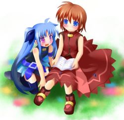 Rule 34 | 2girls, bad id, bad pixiv id, bare shoulders, belt, blue eyes, blue hair, blush, book, brown hair, buckle, dress, hair ribbon, light smile, long hair, lyrical nanoha, mahou shoujo lyrical nanoha, mahou shoujo lyrical nanoha a&#039;s, mahou shoujo lyrical nanoha a&#039;s portable: the battle of aces, levi the slasher, stern the destructor, miniskirt, multicolored hair, multiple girls, open mouth, purple eyes, ribbon, satsuki suzuran, short hair, skirt, sleeveless, thighhighs, twintails, two-tone hair