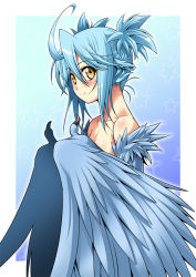 Rule 34 | 10s, 1girl, ahoge, alternate hairstyle, blue hair, blue wings, convenient censoring, cowboy shot, feathered wings, gradient background, harpy, kouda tomohiro, monster girl, monster musume no iru nichijou, nude, papi (monster musume), short hair, smile, solo, twintails, winged arms, wings, yellow eyes