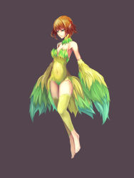 Rule 34 | 1girl, bad id, bad pixiv id, bare shoulders, barefoot, brown hair, green eyes, harpy, highres, monster girl, navel, neco, original, short hair, simple background, solo, winged arms, wings