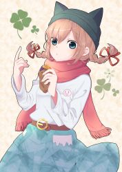 Rule 34 | 1girl, absurdres, animal ears, animal hat, beanie, belt, belt buckle, blue eyes, blue skirt, blush, braid, brown belt, buckle, cat ears, cat hat, closed mouth, clover, commentary request, fingernails, food, four-leaf clover, hair between eyes, hair ribbon, hat, highres, hiroshi (jasinloki), holding, holding food, light brown hair, long hair, long sleeves, low twintails, original, red ribbon, red scarf, revision, ribbon, roasted sweet potato, scarf, shirt, skirt, solo, sweet potato, twin braids, twintails, white shirt