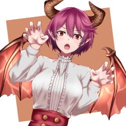 Rule 34 | 1girl, :o, blush, breasts, claw pose, commentary request, dragon girl, dragon horns, dragon wings, dutch angle, granblue fantasy, grea (shingeki no bahamut), horns, large breasts, light blush, looking at viewer, manaria friends, pointy ears, princess connect!, princess connect!, purple hair, red eyes, rmk s212, shadowverse, shingeki no bahamut, shirt, short hair, solo, upper body, white shirt, wings