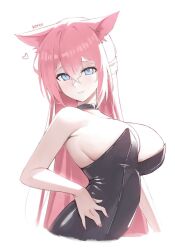 Rule 34 | 1girl, animal ear fluff, bare shoulders, black leotard, blue eyes, breasts, choker, commentary, english commentary, heart, kono (xerondan321), large breasts, leotard, long hair, original, pink hair, sideboob, simple background, solo, strapless, strapless leotard, white background