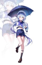 Rule 34 | 1boy, alternate costume, arknights, black socks, blue hair, blue neckerchief, blue sailor collar, blue shorts, blush, brown footwear, commentary, cropped shirt, dot nose, frown, full body, gradient hair, half-closed eyes, hand on own head, hat, highres, holding, holding umbrella, light blue hair, loafers, long hair, long sleeves, looking at viewer, male focus, mizuki (arknights), multicolored hair, navel, neckerchief, pink eyes, purple hair, sailor collar, sailor hat, shirt, shoes, shorts, sidelocks, simple background, socks, solo, stomach, ugwa, umbrella, very long hair, white background, white hat, white shirt, zoom layer