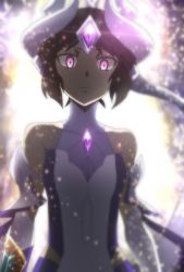 Rule 34 | 1girl, backlighting, bare shoulders, blurry, commentary request, detached sleeves, disdain, forehead jewel, frown, glowing, glowing eyes, highres, horns, kohinata miku, ley ns, looking at viewer, multiple horns, possessed, purple eyes, senki zesshou symphogear, senki zesshou symphogear, shem-ha, short hair, solo, spoilers, upper body