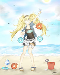 Rule 34 | &gt; &lt;, 1girl, beach, belt, blonde hair, blue eyes, blue shirt, breast pocket, breasts, bucket, buttons, cleavage, cloud, cloudy sky, collarbone, collared shirt, commentary request, crying, day, enemy lifebuoy (kancolle), food, full body, gambier bay (kancolle), hair between eyes, hairband, holding, holding food, kantai collection, large breasts, long hair, looking at viewer, low twintails, multicolored clothes, omuretu (butterroru), open mouth, outdoors, pocket, sand, sandals, shaved ice, shirt, short shorts, short sleeves, shorts, shovel, signature, sky, solo, spoon, standing, t-shirt, tearing up, twintails, wavy mouth