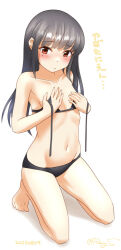 Rule 34 | 1girl, alternate breast bikini hair, bikini, brown eyes, commentary request, covering breasts, covering privates, flat chest, hayashio (kancolle), kantai collection, kneeling, long hair, looking at viewer, mole, mole under eye, navel, one-hour drawing challenge, ray.s, simple background, swimsuit, untied bikini, white background